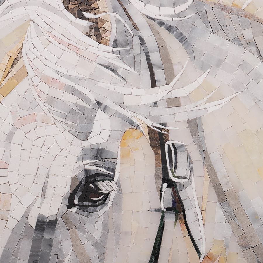 Detailed view of the horse’s eye in white mosaic tiles