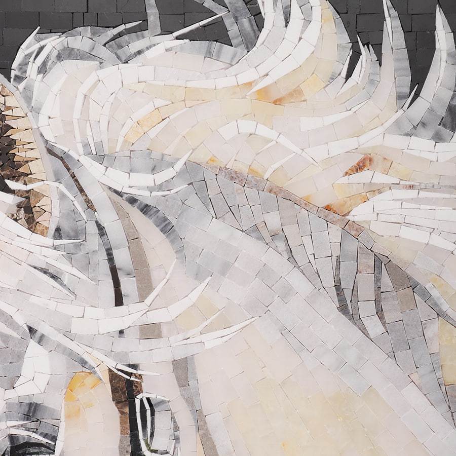 Detailed tile texture of the horse’s flowing mane in white and gray