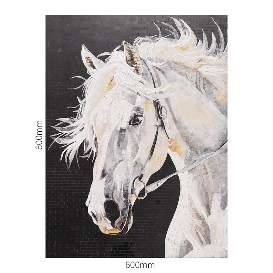 White horse mosaic tile art panel with 600 mm × 800 mm dimensions shown 