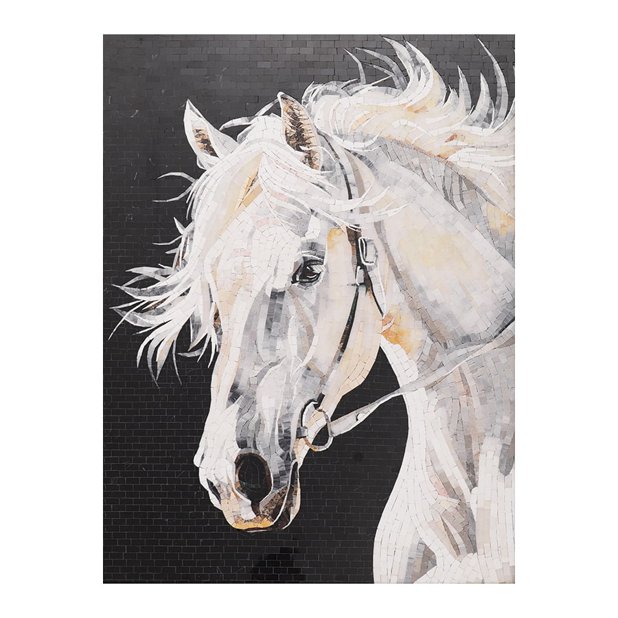 White horse mosaic tile art panel against a black background