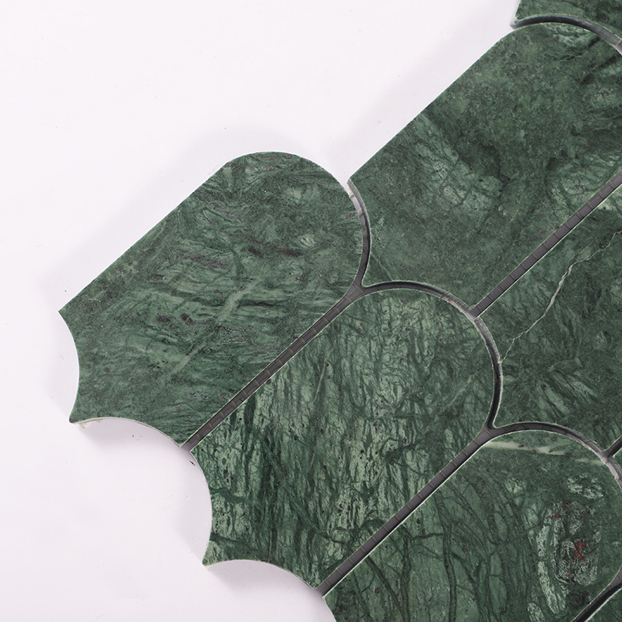 Close up of Indian green fan polished marble mosaic tile showing surface texture.