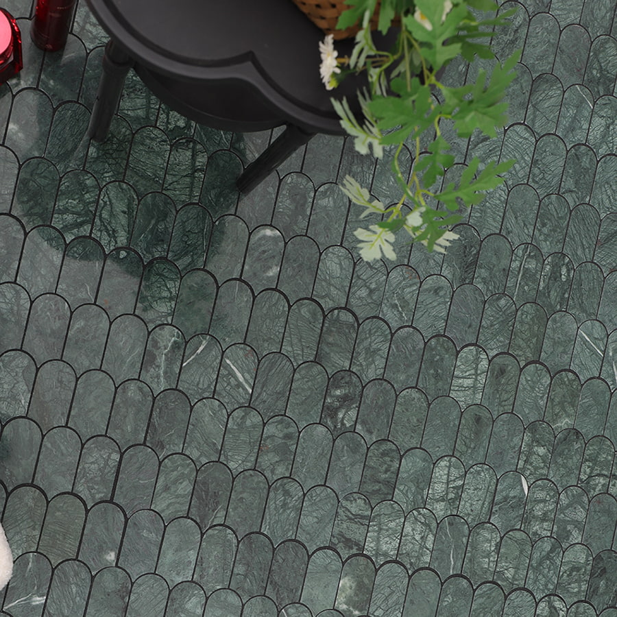 Decorative floor view with Indian green fan polished marble mosaic tile.