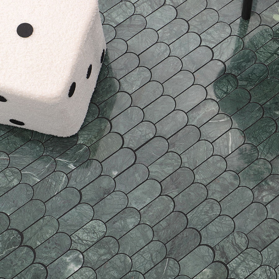 Indian green fan polished marble mosaic tile used in interior floor design.