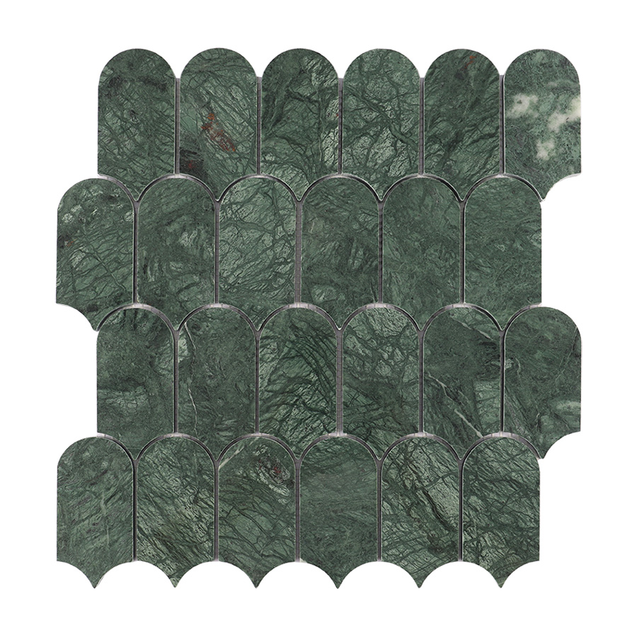 Front view of Indian green fan polished marble mosaic tile sheet.
