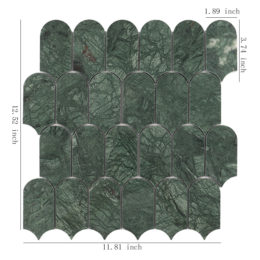 Indian green fan polished marble mosaic tile sheet with size measurements.
