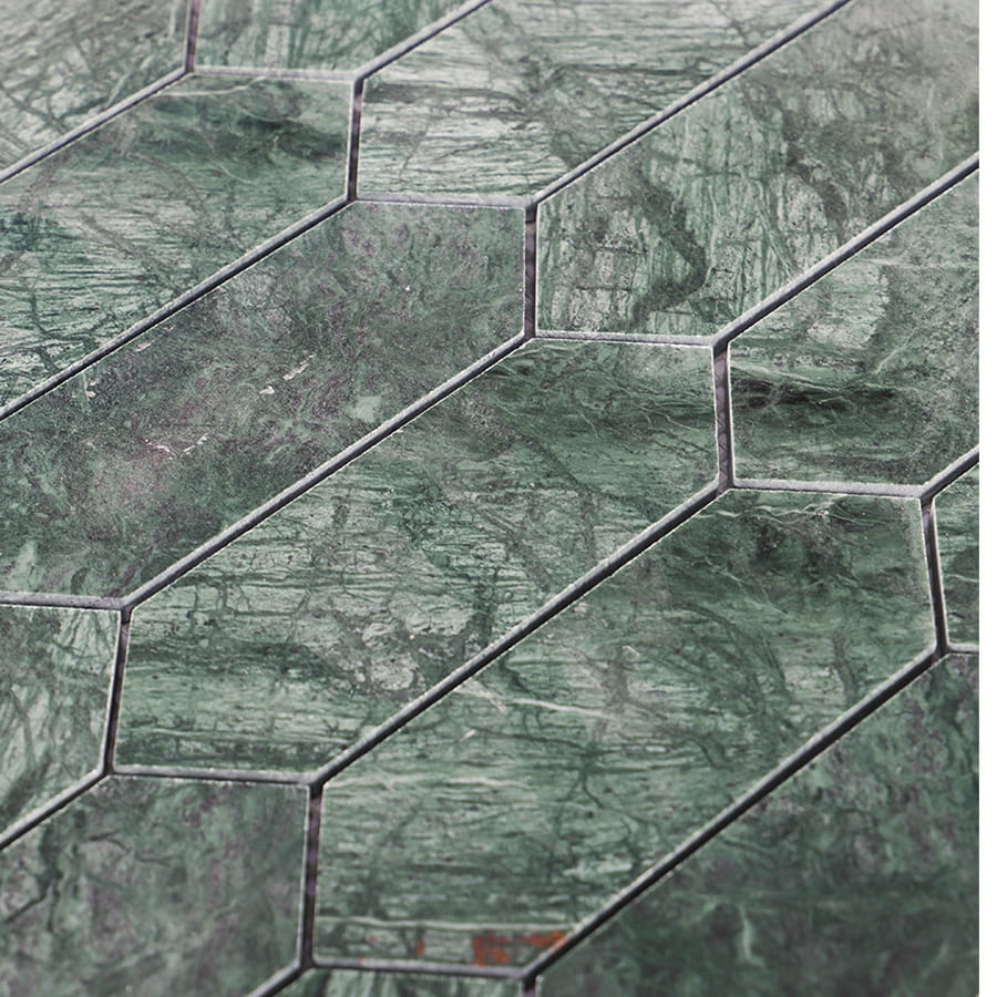 Angled view of Indian green picket polished marble mosaic tile showing pattern.