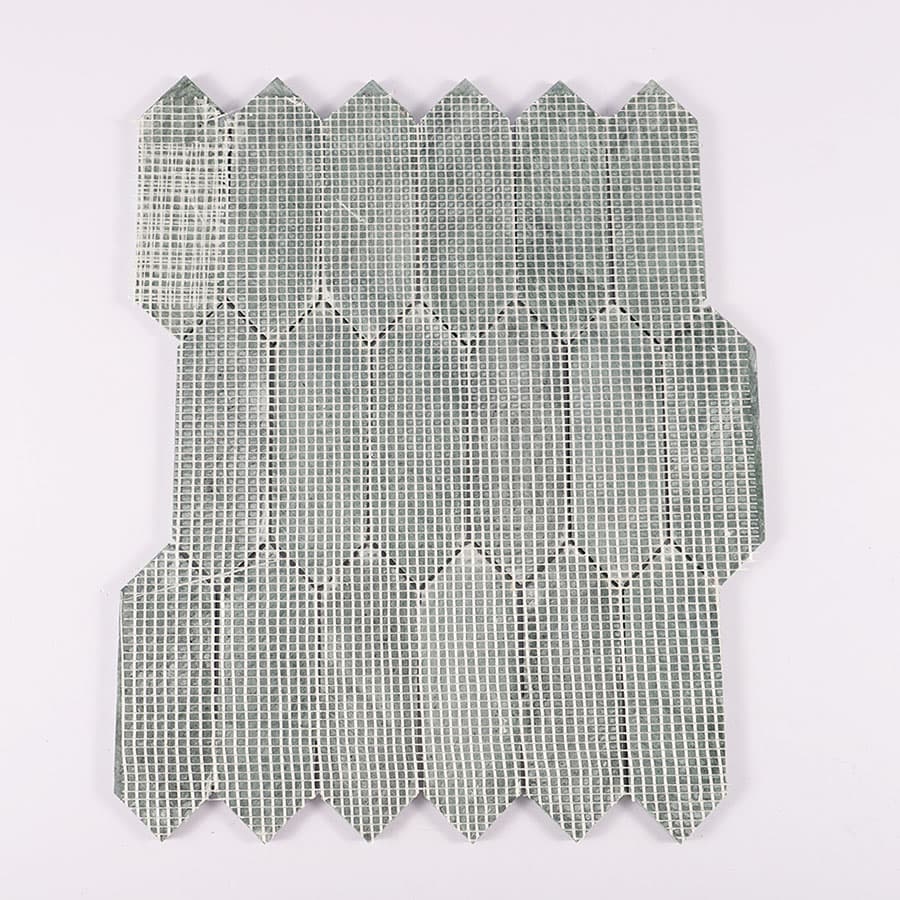 Back view of Indian green picket polished marble mosaic tile with mesh backing.