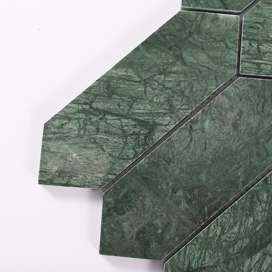 Close up of Indian green picket polished marble mosaic tile showing texture detail.