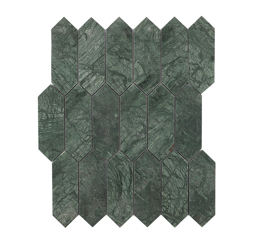 Front view of Indian green picket polished marble mosaic tile with elongated shape.