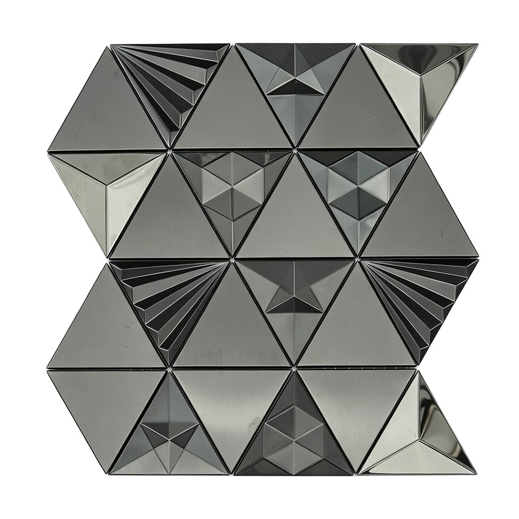 Industrial accent shower tile in a black 3D triangle mosaic pattern