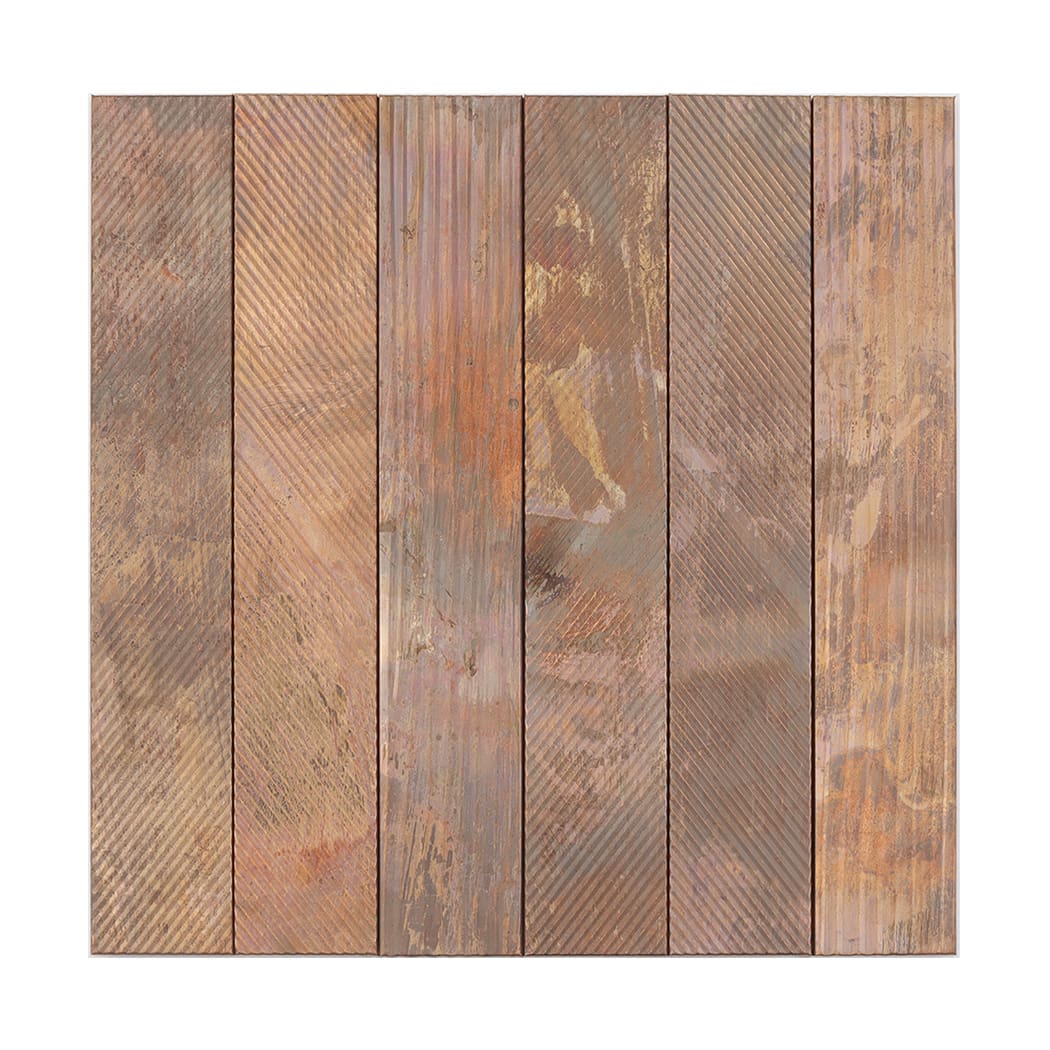 A square wall tile featuring six vertical panels with a distressed copper and rustic finish.