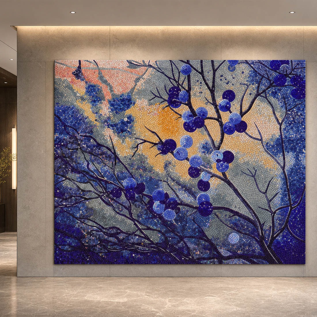 Installed blue branch snow mosaic wall mural in modern room