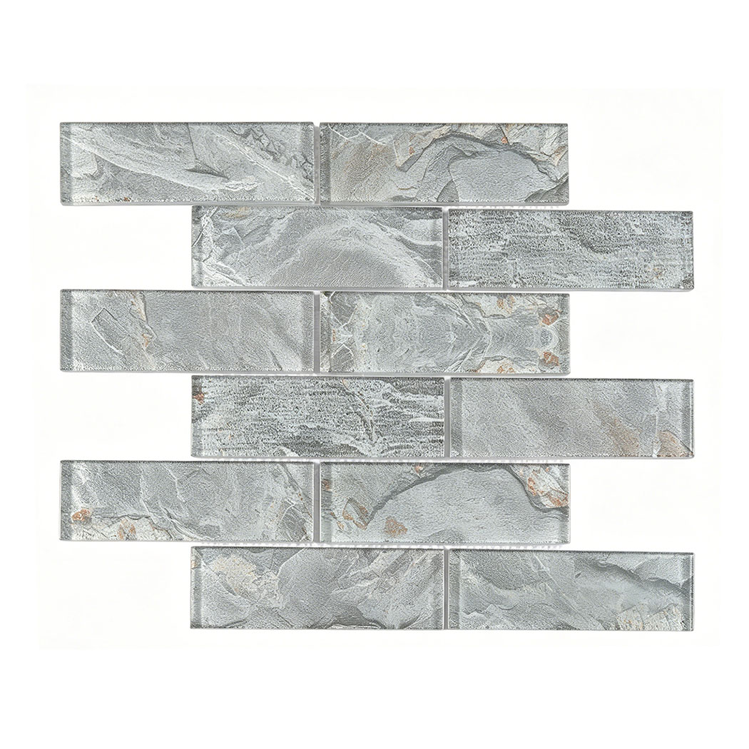 Interlocking sheet of slate grey glass mosaic tile with brown earth tones.