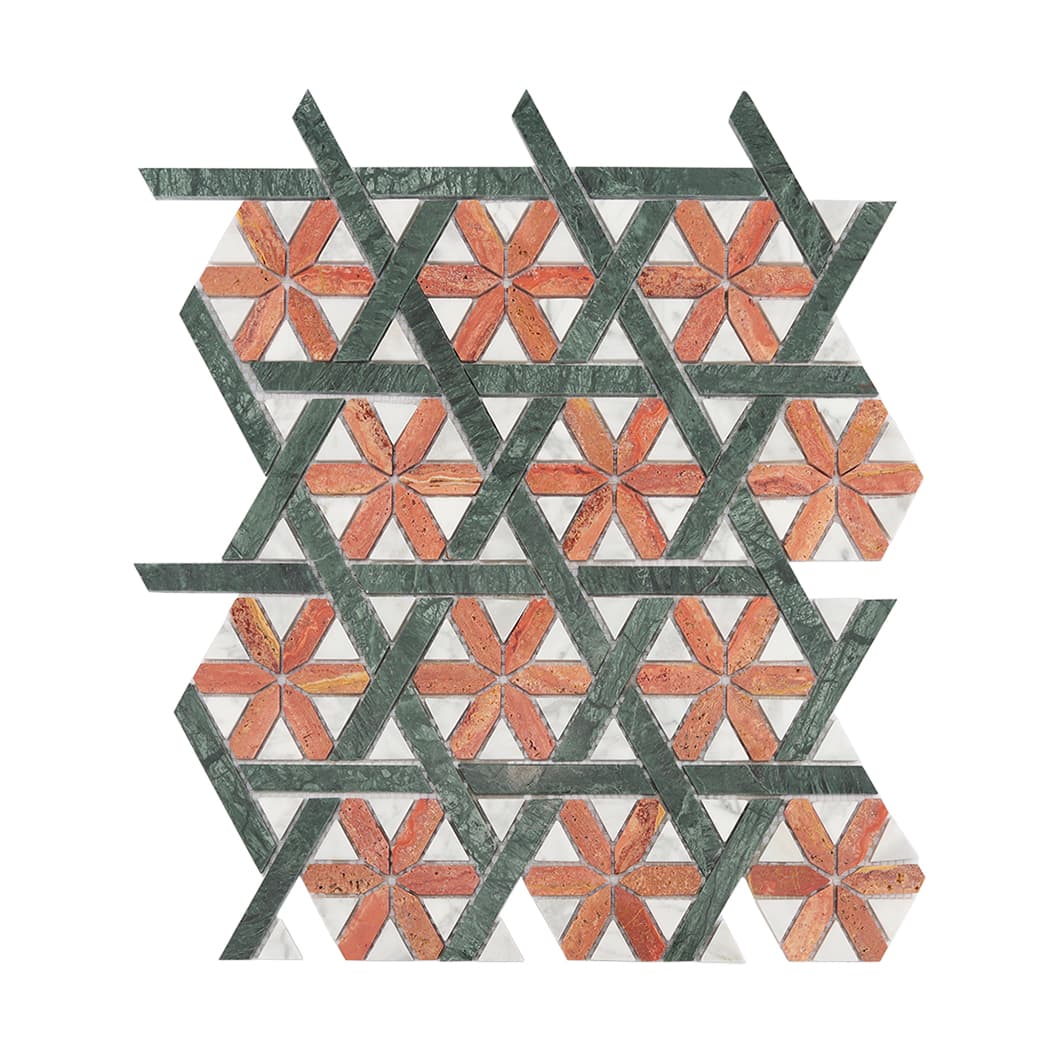 Dark green, terracotta red, and white geometric marble pieces in an intricate interwoven pattern.