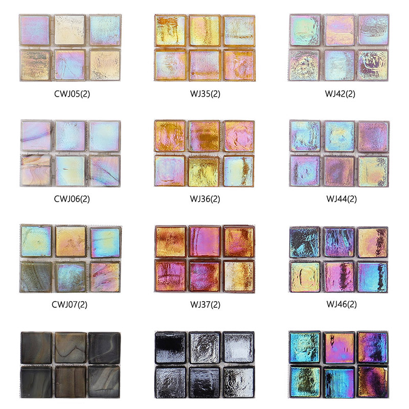 Iridescent glass mosaic tile chart with rainbow, gold, pink, blue and black samples