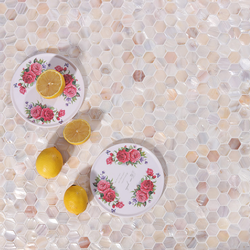 Polished hexagon mother of pearl mosaic tiles for luxury kitchen backsplash or walls.