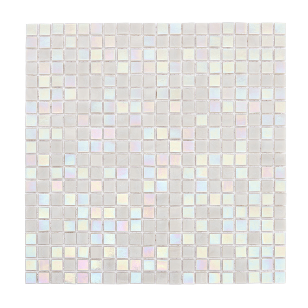 iridescent light gray square glass mosaic tile full sheet front view
