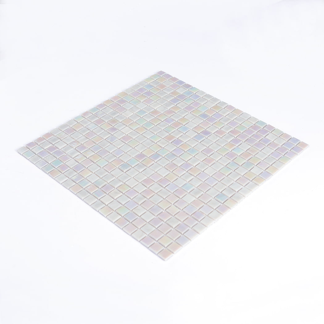 Perspective shot of iridescent light gray square glass mosaic tile sheet on white background