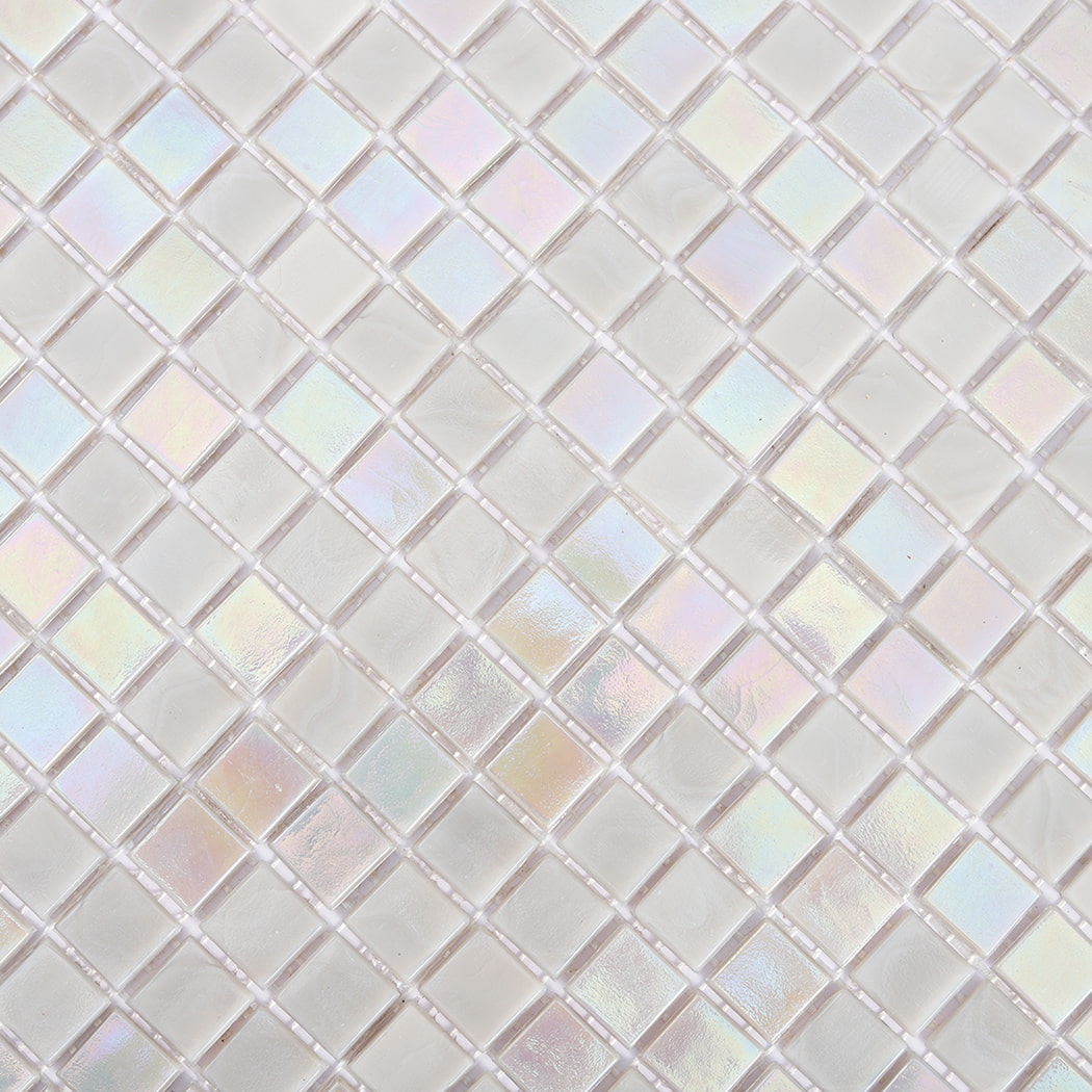 Texture detail of iridescent light gray square glass mosaic tiles in a diagonal pattern