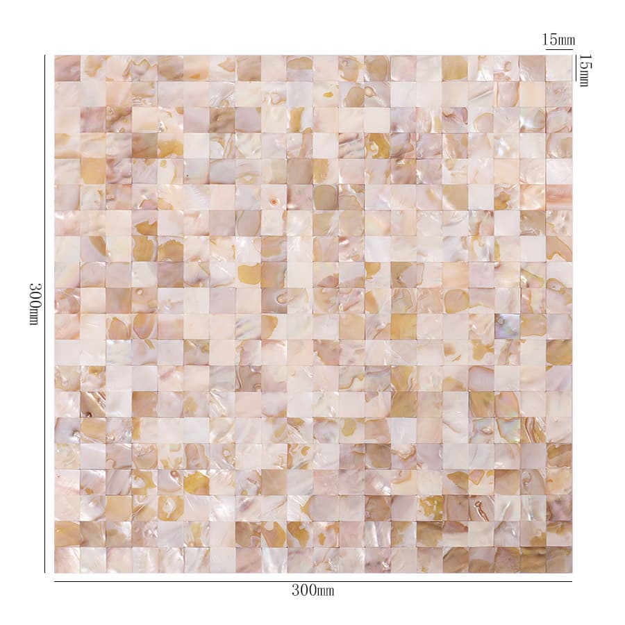 Full sheet of colorful shell mosaic tile with 15mm squares and 300mm size