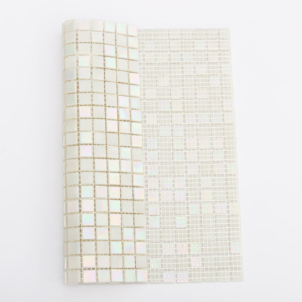 iridescent white glass mosaic tile sheet showing front tiles and white mesh backing