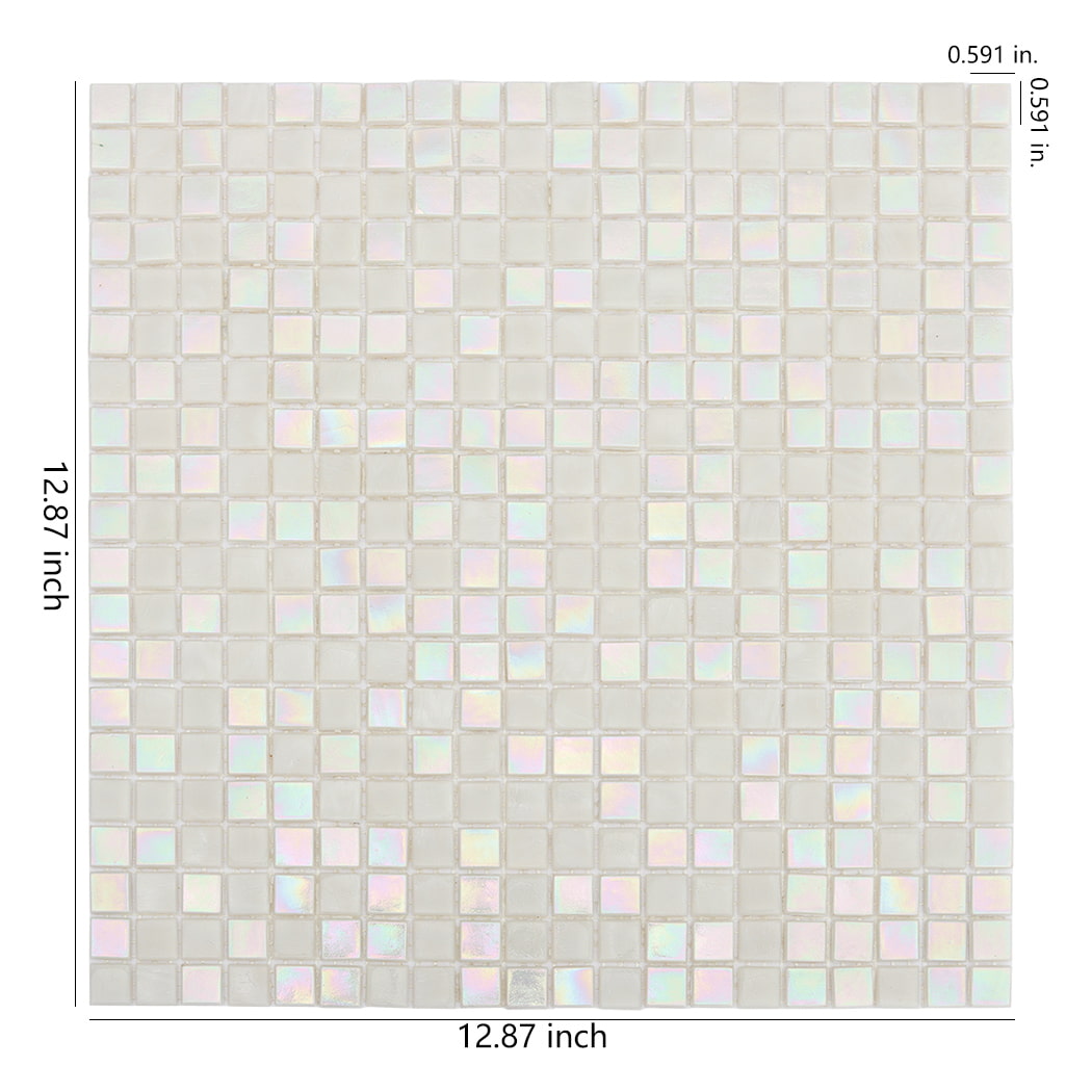 iridescent white glass square mosaic tile sheet with size measurements on white background