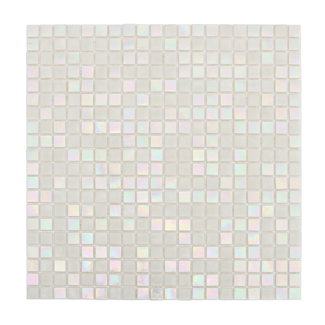 top view of iridescent white square glass mosaic tile sheet with pearl shine