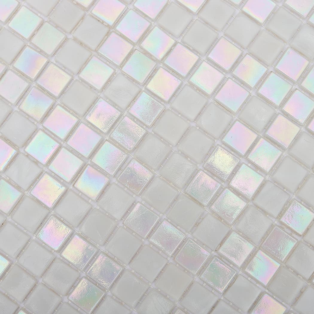 detailed view of iridescent white glass mosaic tiles with glossy texture and shimmer