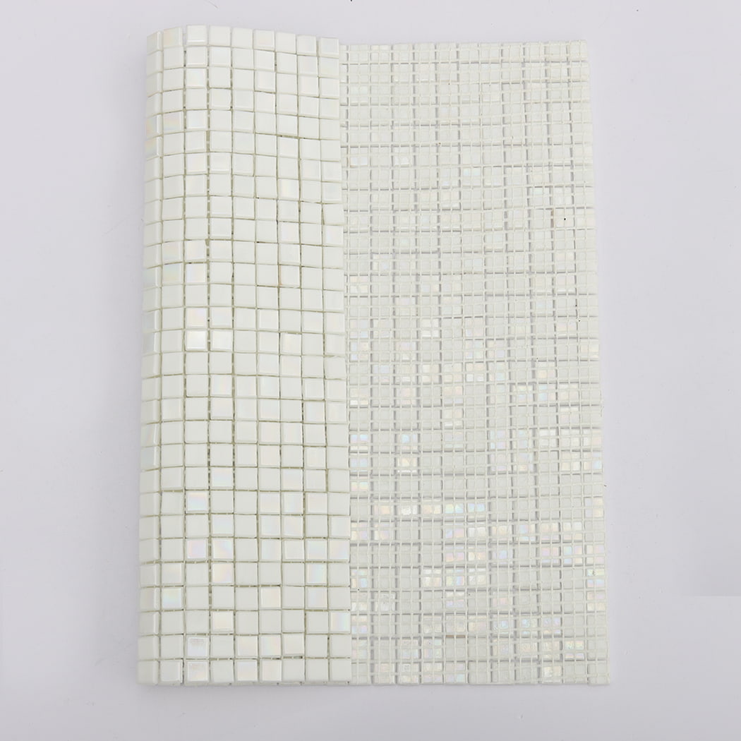 Front surface and mesh backing of iridescent white mini square glass mosaic tile sheet