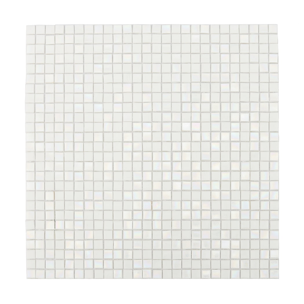 Full sheet of iridescent white mini square glass mosaic tiles laid flat