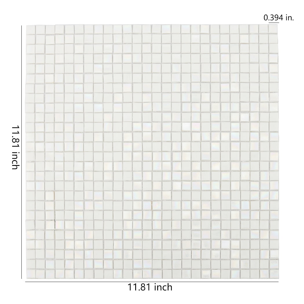 Iridescent white mini square glass mosaic tile sheet with overall size measurement