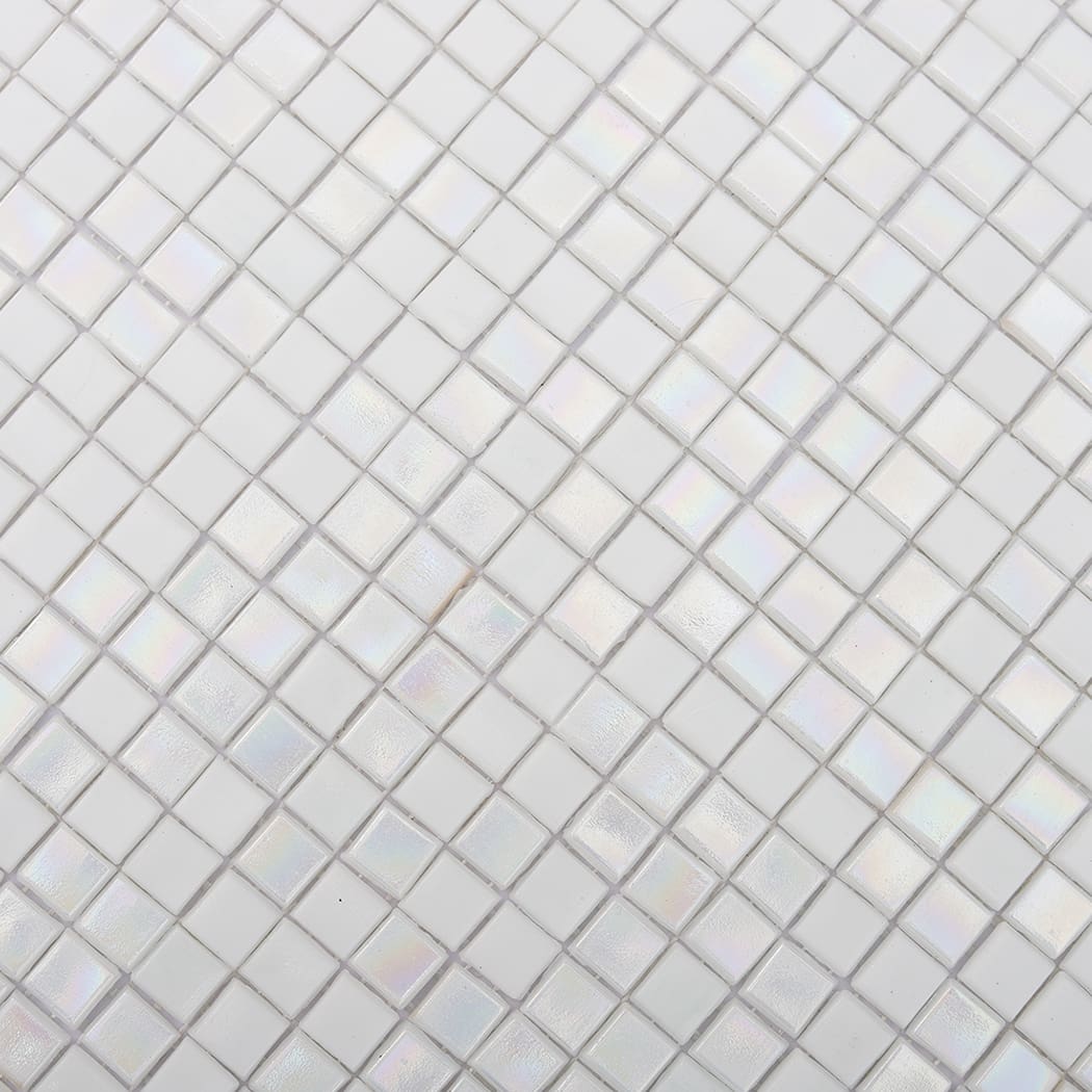 Surface texture of iridescent white mini square glass mosaic tile with subtle shimmer