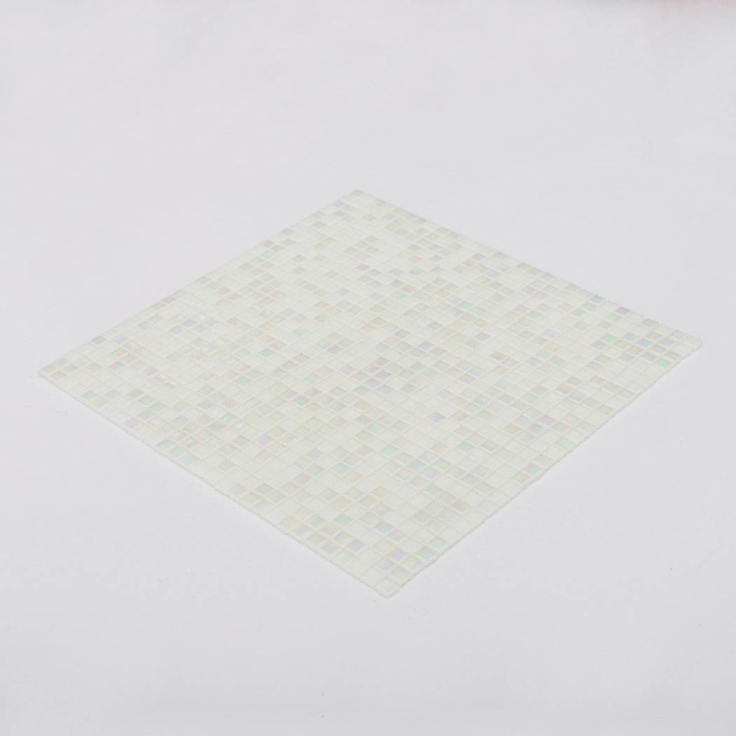 Angled perspective view of iridescent white small glass mosaic tile sheet