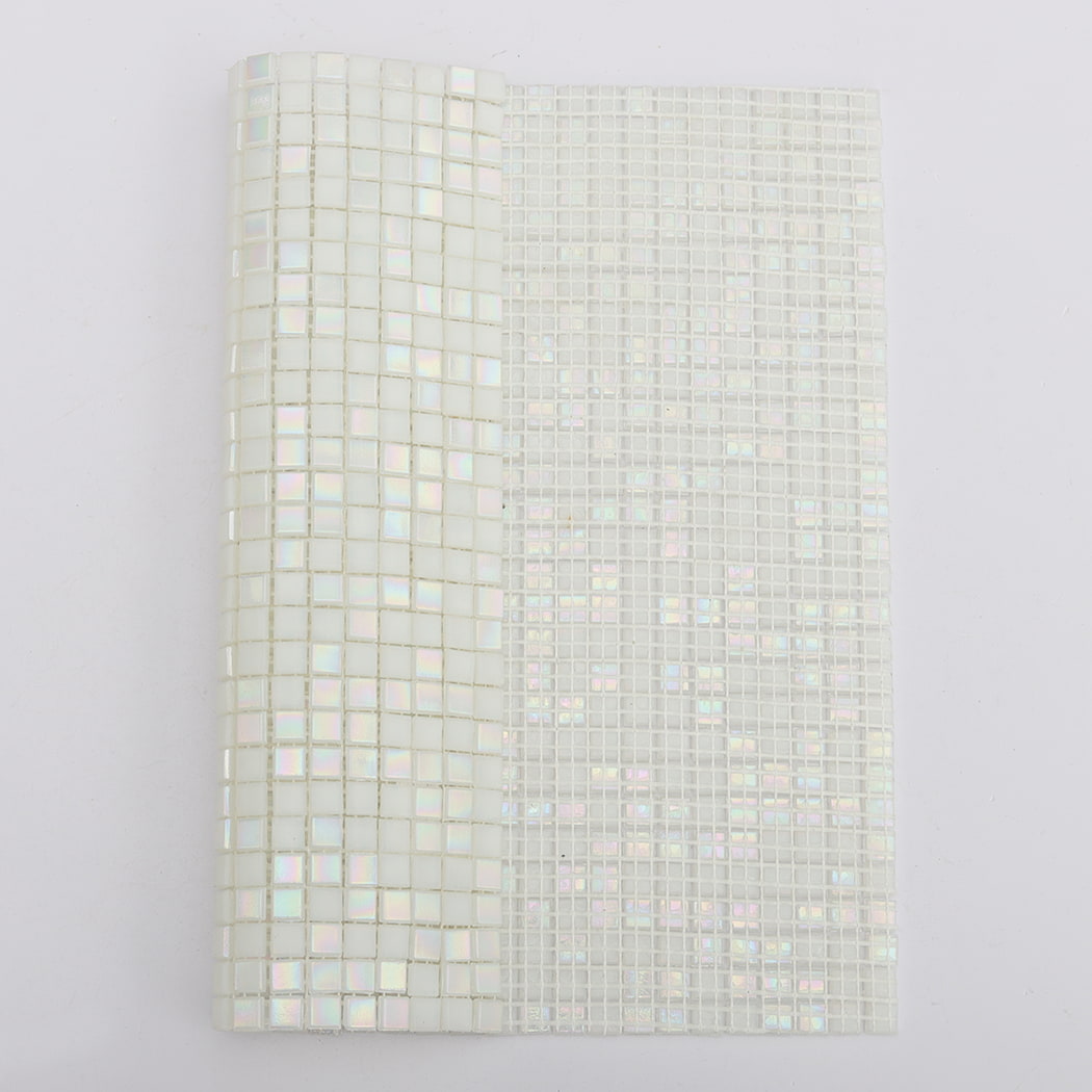 Front surface and mesh backing of iridescent white small glass mosaic tile sheet