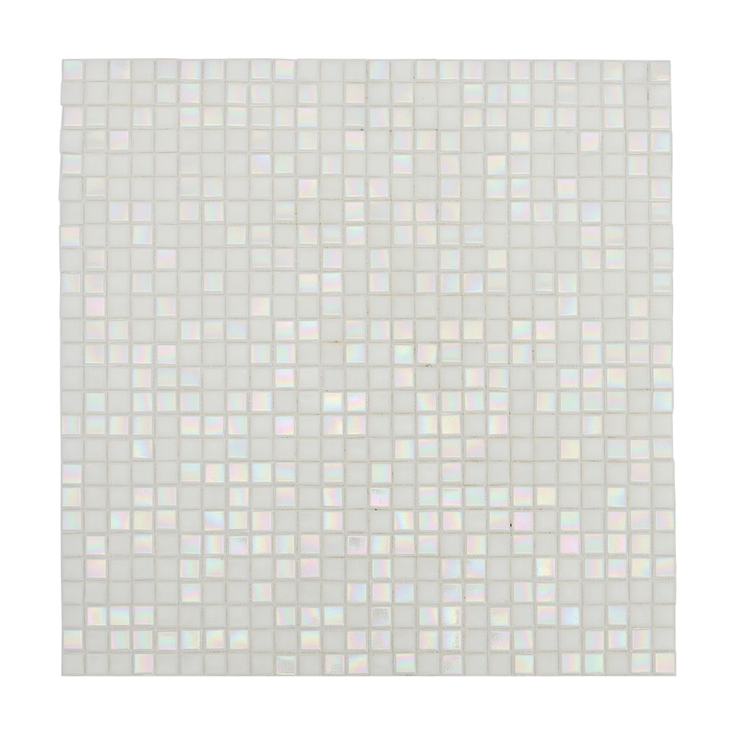 Full sheet view of iridescent white small glass mosaic tiles laid flat