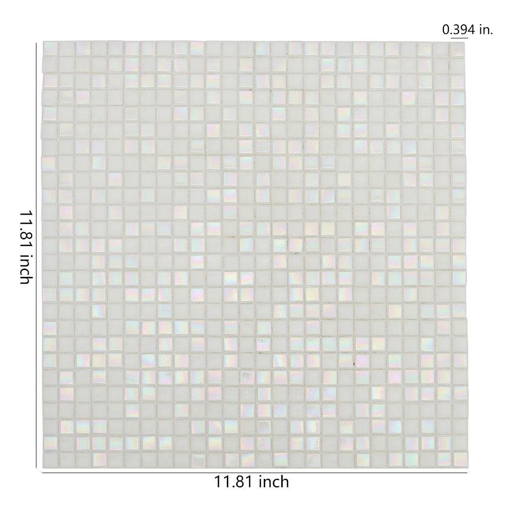 Iridescent white small glass mosaic tile sheet with overall size measurement