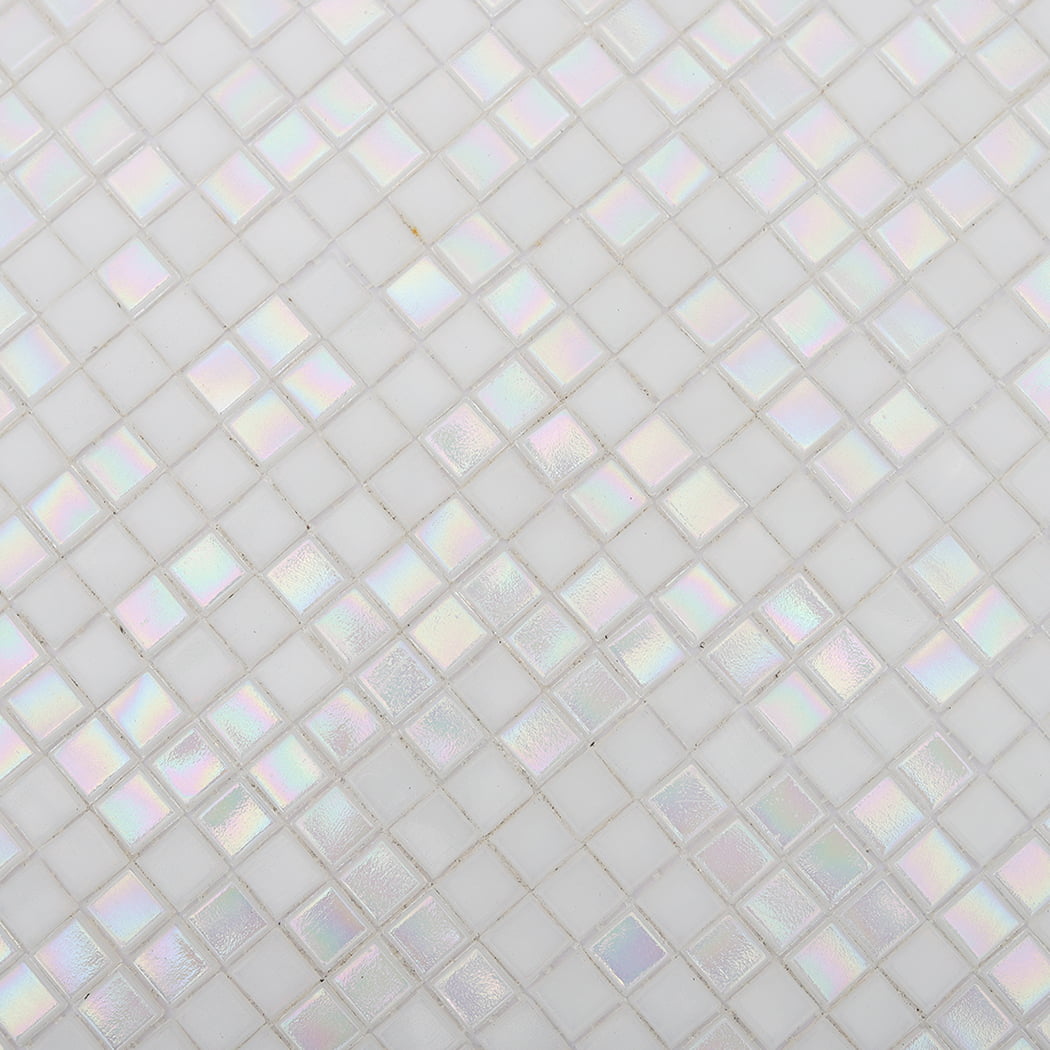 Surface texture of iridescent white small glass mosaic tiles with rainbow sheen