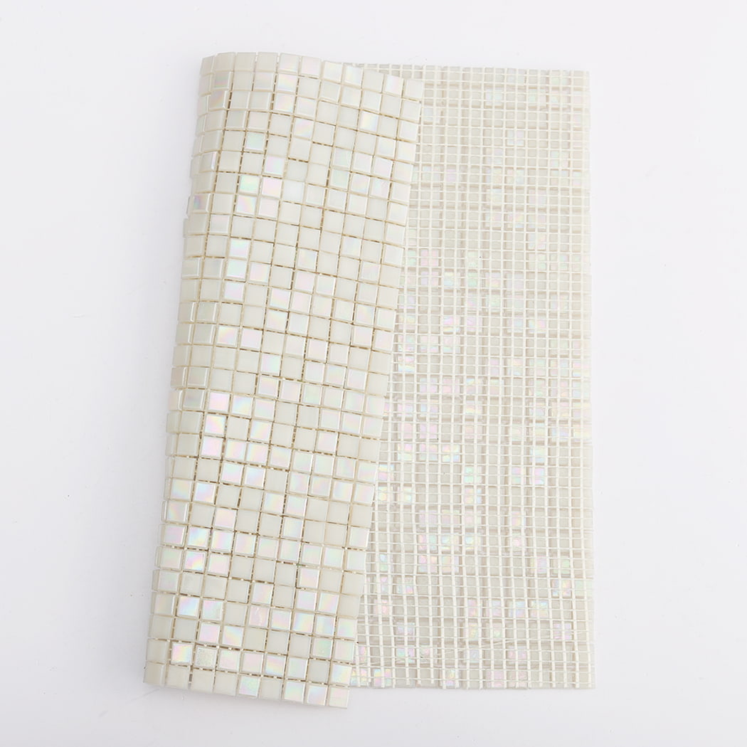 Front tile surface and mesh backing comparison of iridescent white mosaic sheet