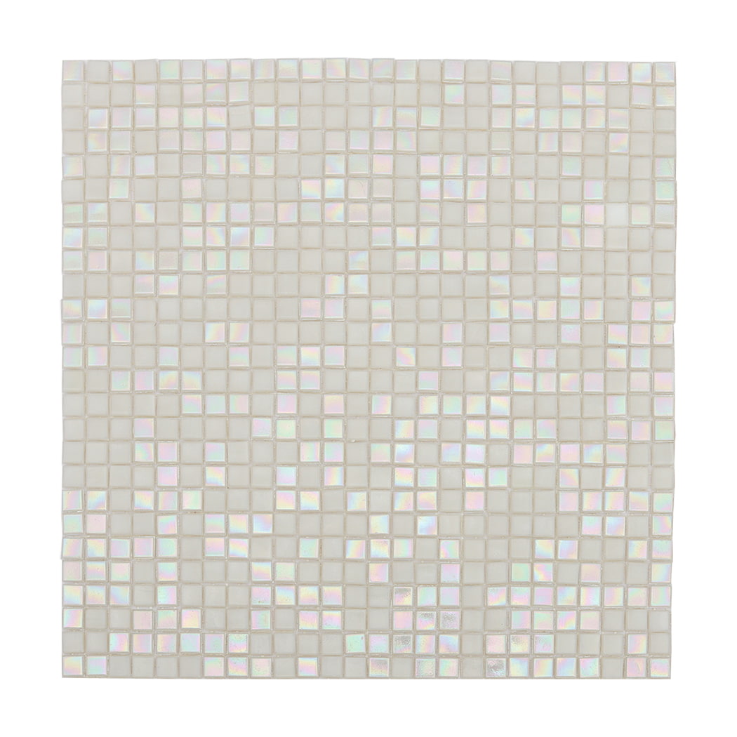 Top view of iridescent white small square glass mosaic tile sheet
