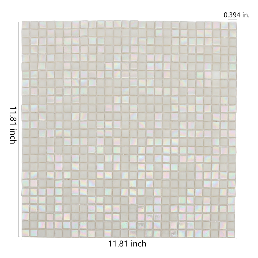 Iridescent white small square glass mosaic tile sheet with labeled dimensions