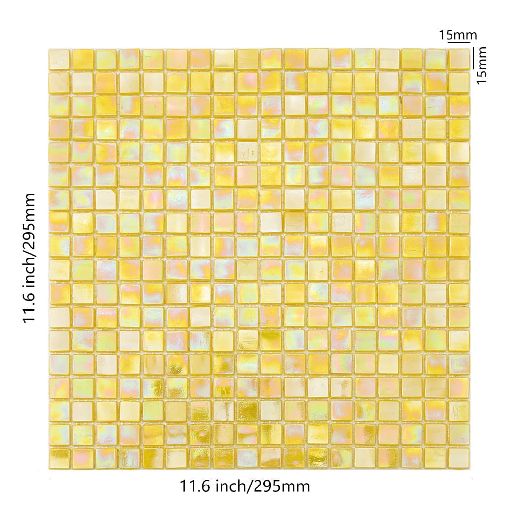 Top down view of a square yellow mosaic tile sheet with 11.6 inch by 295mm measurements.