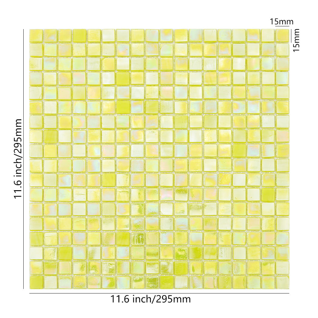 Top view of an iridescent yellow mosaic tile sheet with 11.6 inch and 15mm dimensions.