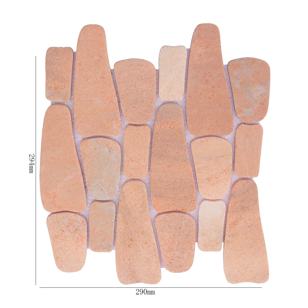 Irregular orange marble mosaic tile sheet with measurements