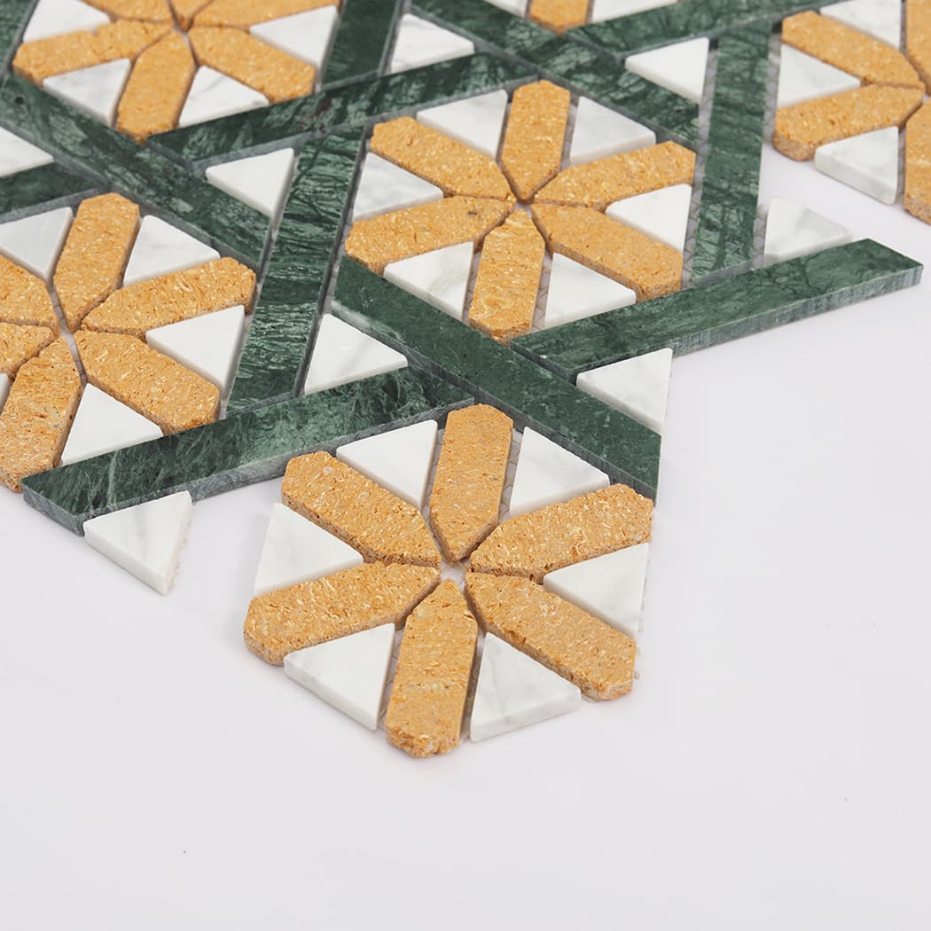 Perspective side view of yellow star marble mosaic highlighting tile thickness and texture.