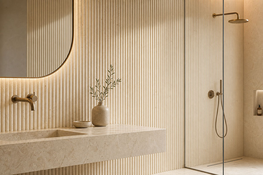 Ivory fluted travertine tiles on a luxury bathroom wall with vanity and shower