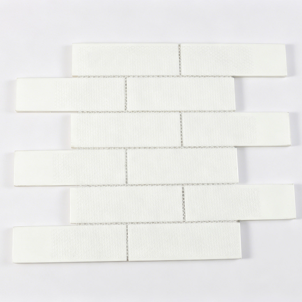 White marble glass subway tile back with white mesh mounting