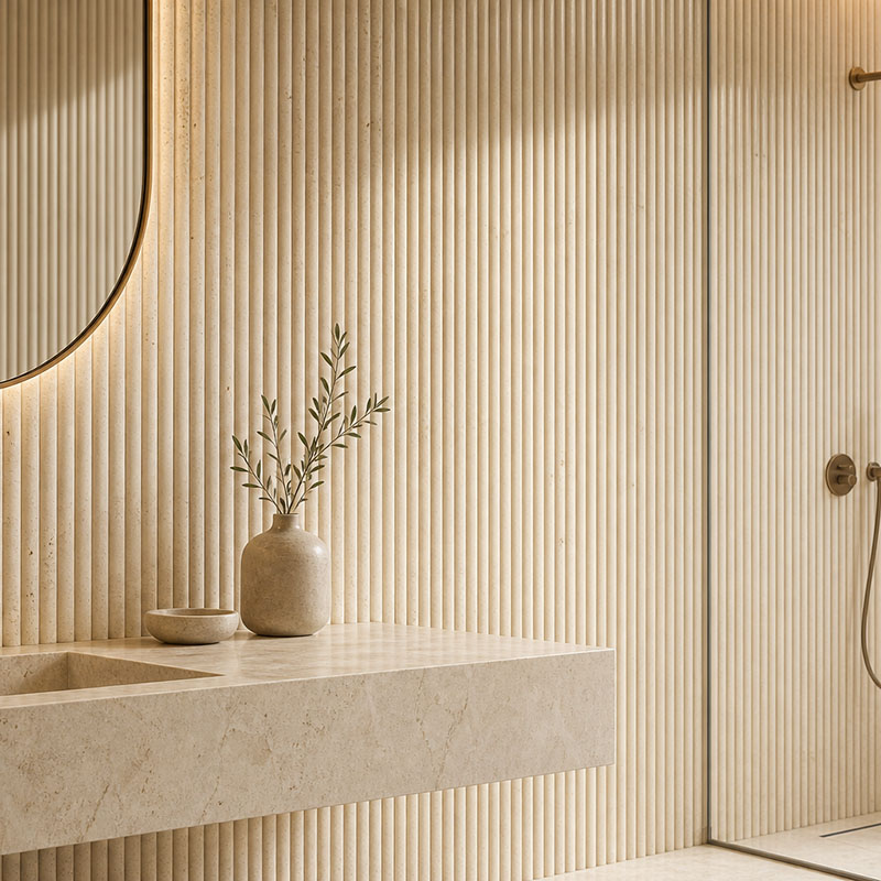 Close view of ivory fluted travertine shower wall tiles with warm bathroom lighting