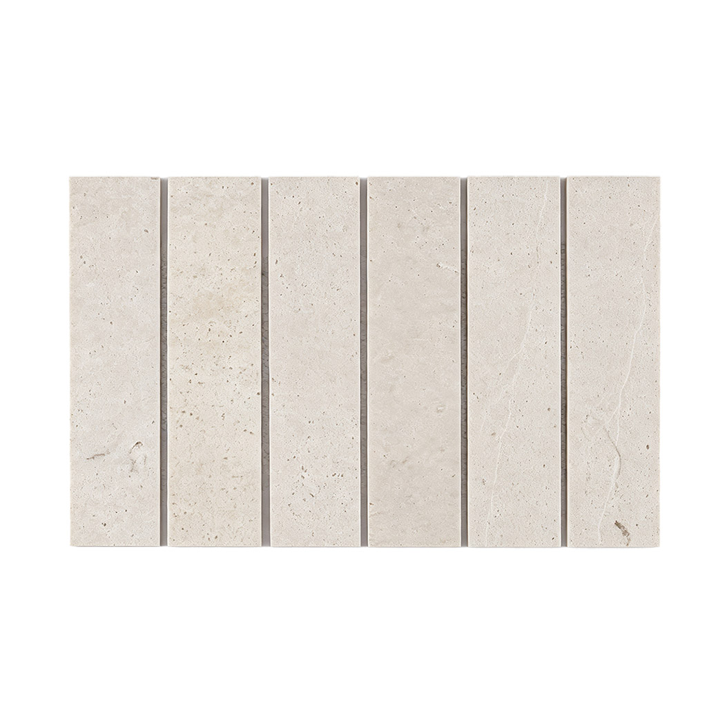 Ivory vertical travertine strip mosaic with subtle pores and natural markings