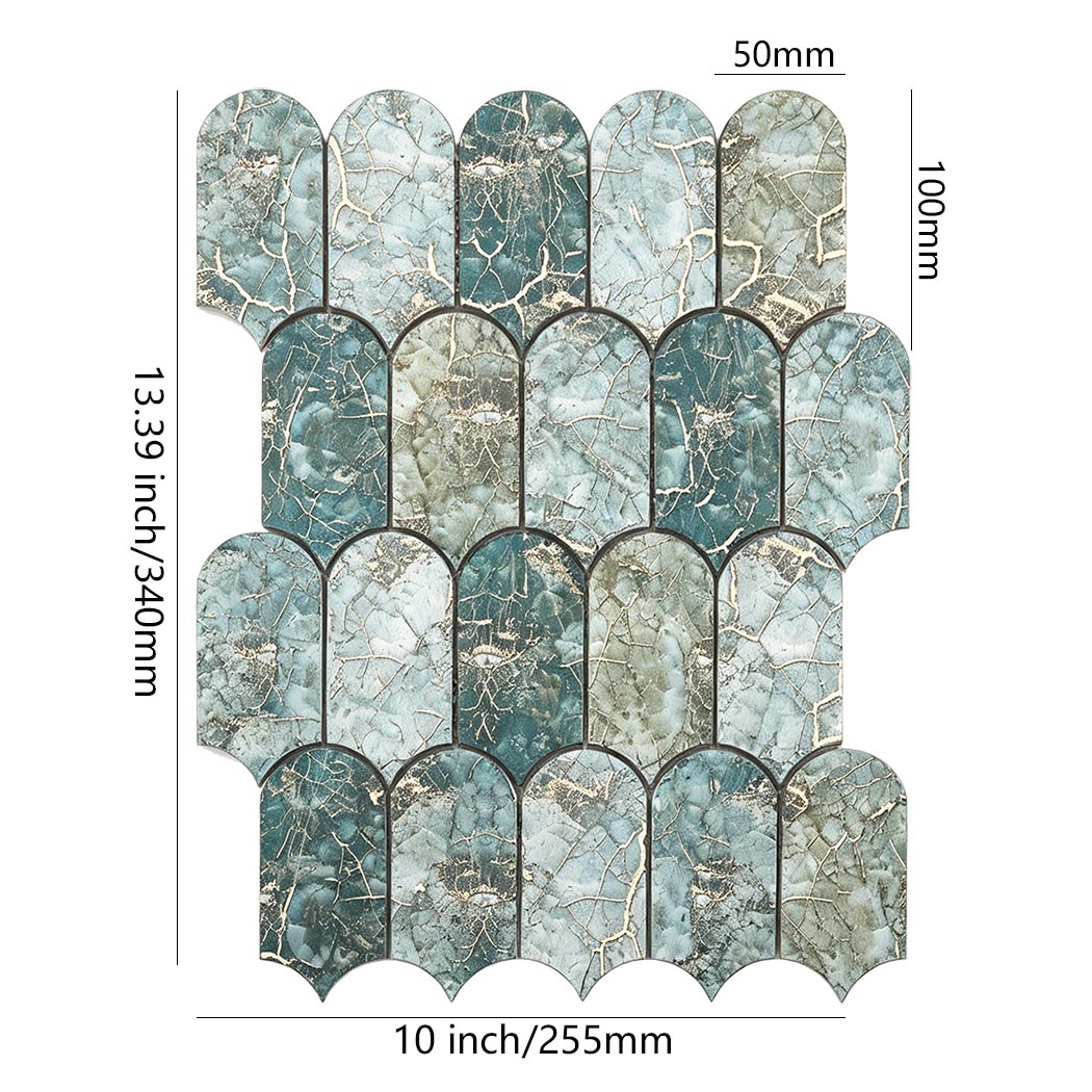 Dimension diagram of jade green and gold fish scale aluminum tile sheet