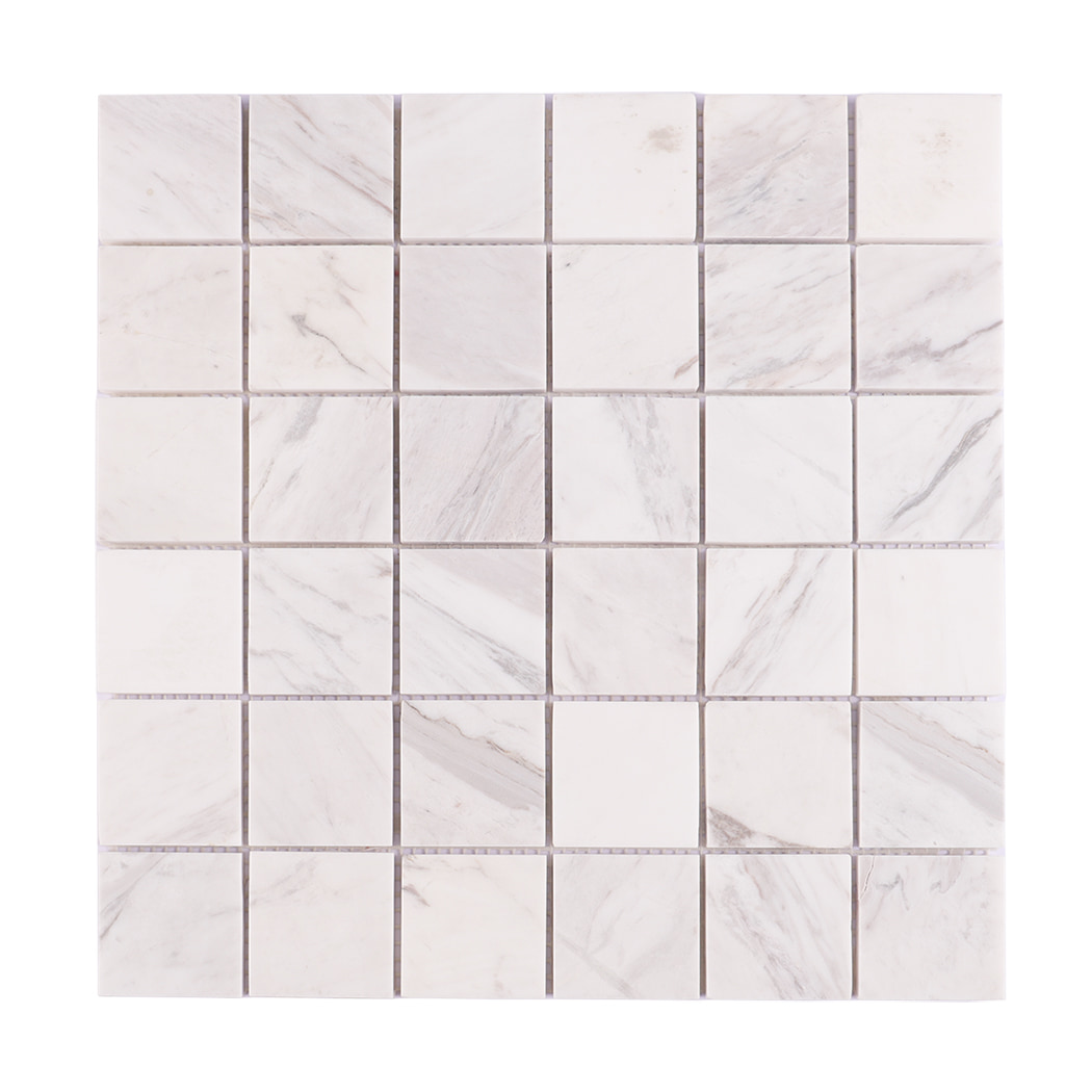Front view of Jazz White natural marble square mosaic tile sheet.
